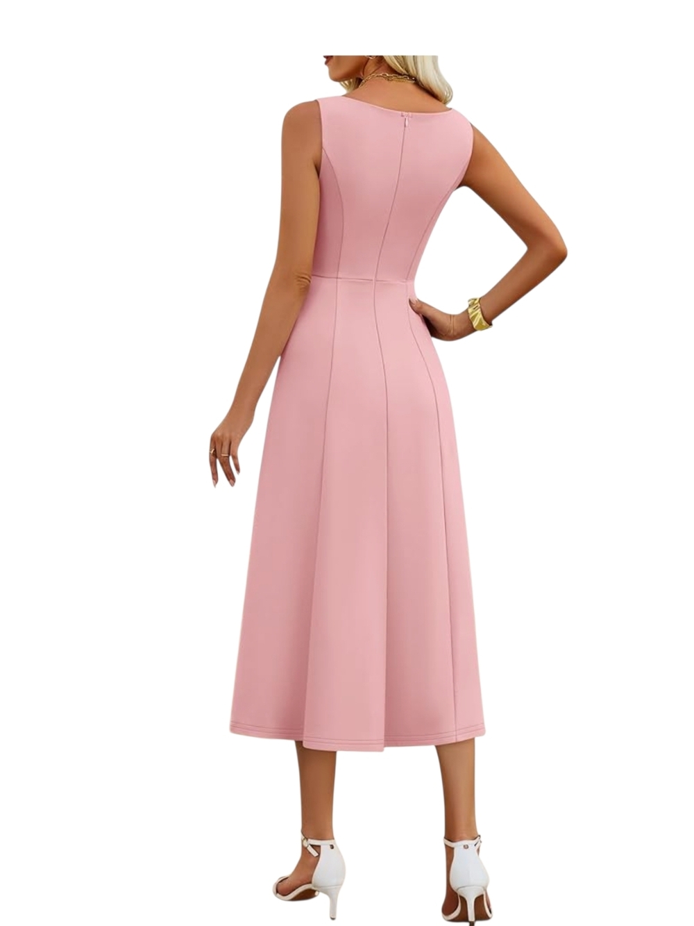 ZESICA - XL Elegant Sleeveless Pink Midi Dress with Belt - Picture 5 of 16